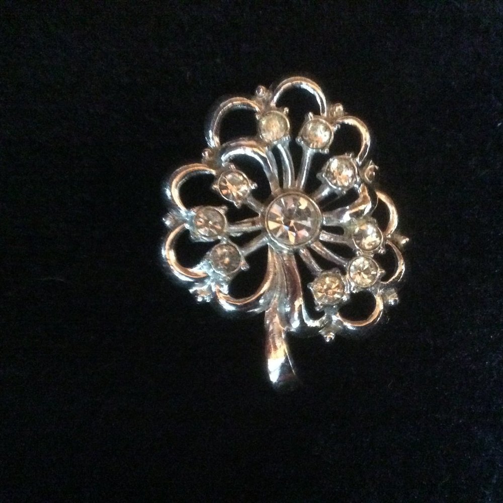 Retro Diamanté Tree Silver Tone Clear Rhinestone EUC Brooch Pin